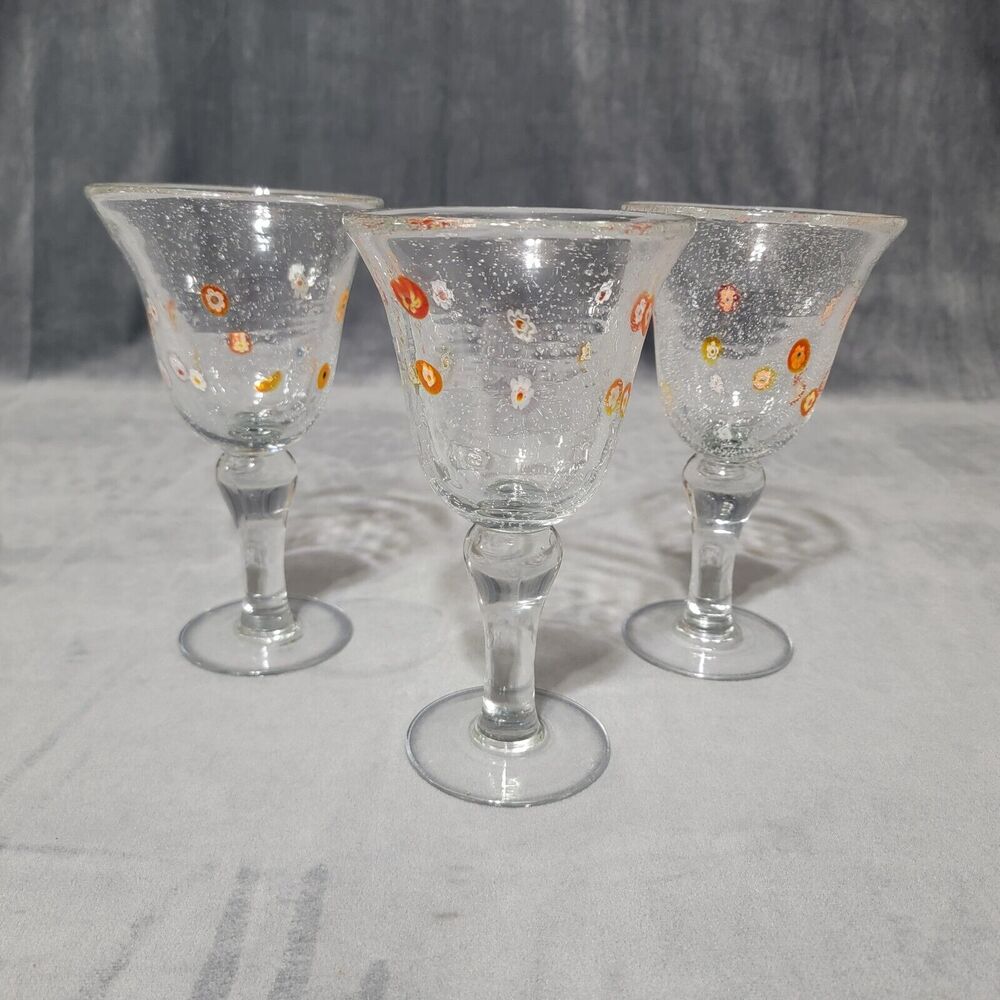 3 Artland Iris Goblet Amber Millefiori Hand Blown Seeded Bubble Glass